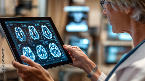Doctor reviewing brain scans on iPad screen, tablet
