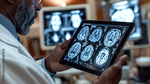 Doctor reviewing brain scans on iPad screen, tablet