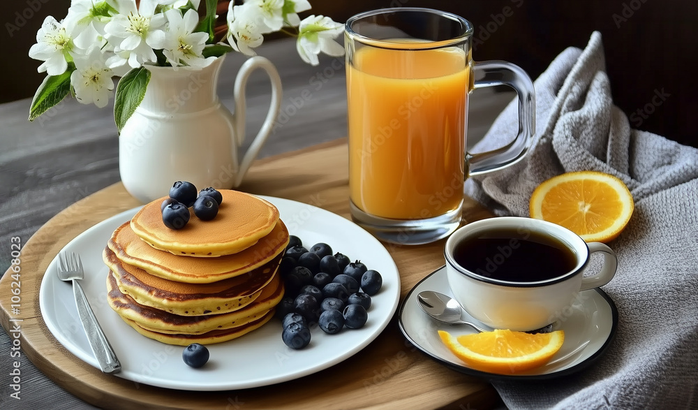 Pancakes piled high on a white plate with fresh blueberries, honey drizzle, and orange slices. A cup of tea and daffodils in a white ceramic vase. Morning breakfast scene in an interior. Pancakes piled high on a white plate with fresh blueberries, honey drizzle, and orange slices. A cup of tea and daffodils in a white ceramic vase. Morning breakfast scene in an interior.