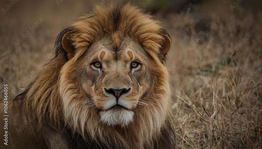 Majestic lion resting in the grasslands during golden hour in the African savanna Majestic lion resting in the grasslands during golden hour in the African savanna