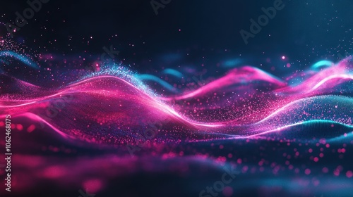 Abstract wavy lines of pink and blue light with particles on dark background.