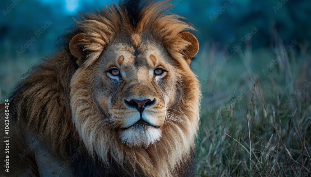 Fototapeta premium Majestic lion resting in tall grass during golden hour in a serene African savannah landscape