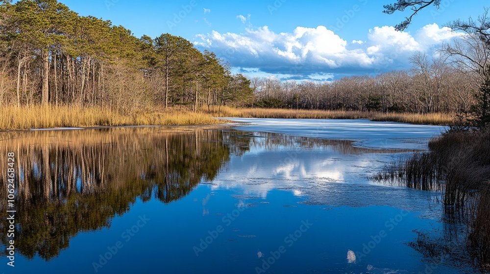 The sky is reflected by the winter lake ice at Cape May Nature Center in New Jersey, USA. The sky is reflected by the winter lake ice at Cape May Nature Center in New Jersey, USA.