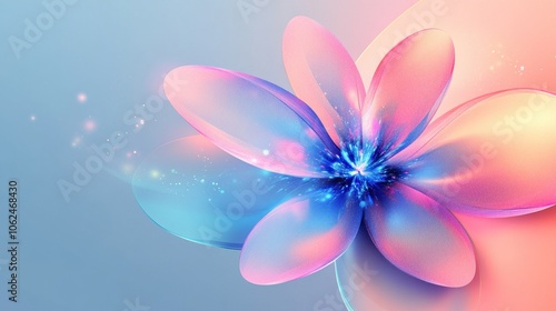 A single, delicate, abstract flower with pink and blue petals against a soft blue and pink background.