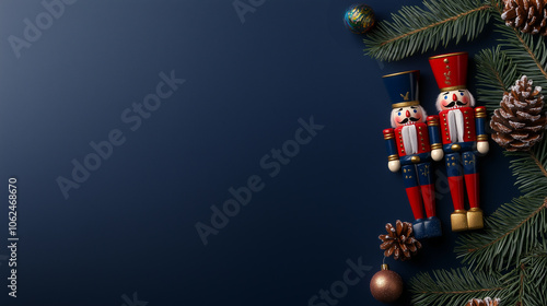 Two wooden nutcrackers with fir branches and festive ornaments. Text area. Christmas card, banner, or poster. Dark blue background