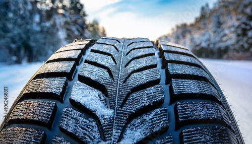 Close-up of a high-quality winter tire showcasing its unique tread pattern against a snowy background. Perfect for highlighting durability and performance in winter conditions photo