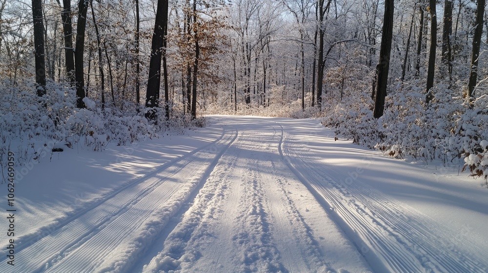 A snowy forest is depicted on a crisp winter morning. The ski footprints vanish behind a layer of snow, and the trees shine with frost. A snowy forest is depicted on a crisp winter morning. The ski footprints vanish behind a layer of snow, and the trees shine with frost.