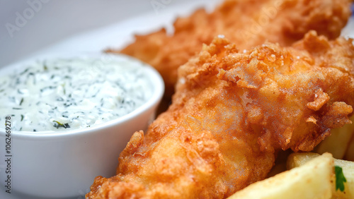 Crispy fish and chips with tartar sauce - close-up view for culinary delight photo