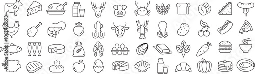 ベクターでモノクロの食材に関する線画アイコンセット
