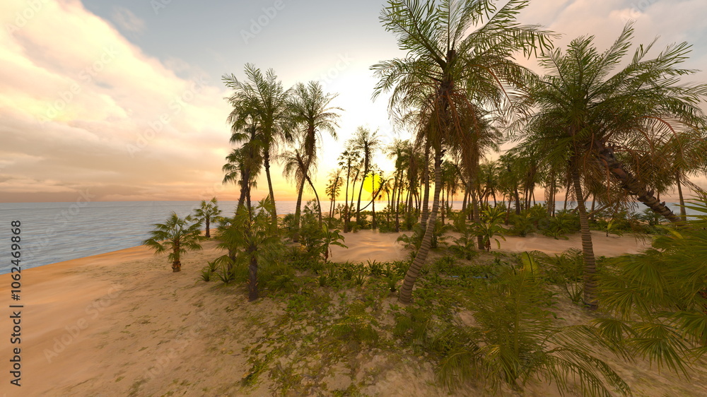 Fototapeta premium ヤシの木があるビーチ 3DCGレンダリング