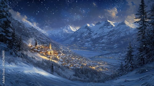 Viewed from Muottas Muragl in Switzerland, the Upper Engadine is blanketed with snow, and the hamlet of St. Moritz is illuminated by stars during the winter months. photo