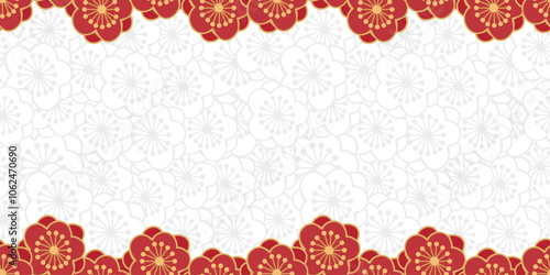 Creative drawing red plum blossom frame seamless pattern with hand drawn art elements on white plum blossom background. Great design for any purposes.Vector, illustration.