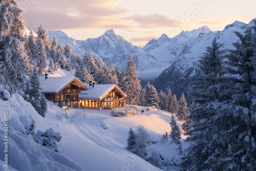 luxury beautiful winter alpine lodge in the alps mountains, fairy christmas holiday travel destination