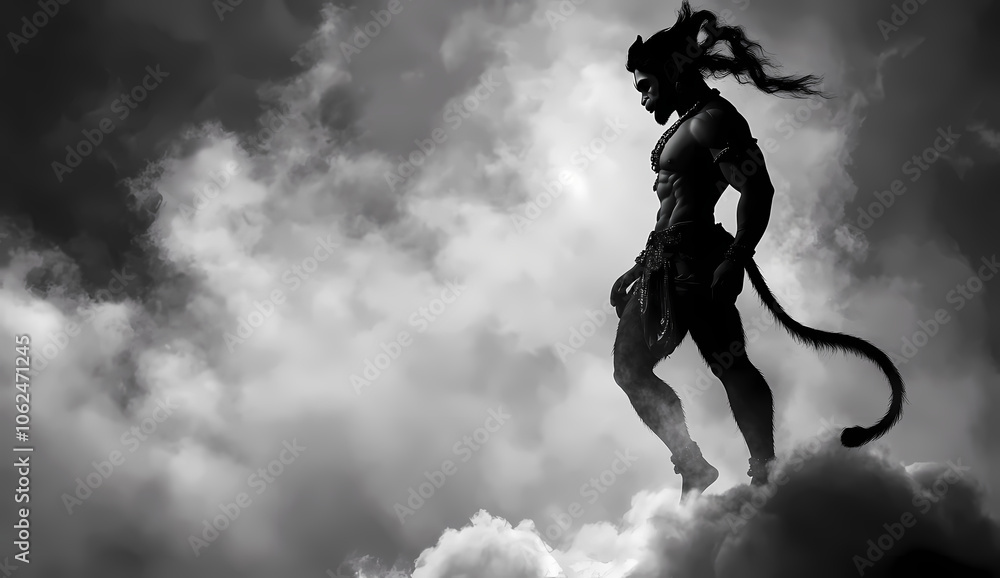 A black and white silhouette of the monkey god Hanuman standing on his tail. He is strong with a muscular body and long hair.
A black and white silhouette of the monkey god Hanuman standing on his tail. He is strong with a muscular body and long hair.