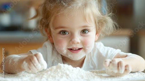 Portrait of a smiling child covered in flour while playing in the kitchen. Childhood and baking fun concept.