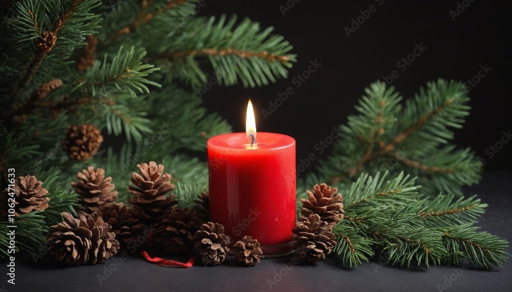 A warm red candle surrounded by pine branches and cones, casting a gentle glow, perfect for cozy winter evenings A warm red candle surrounded by pine branches and cones, casting a gentle glow, perfect for cozy winter evenings