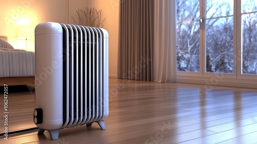 Wallpaper Mural A white oil heater provides warmth and light in a cozy bedroom with natural light streaming through the windows Torontodigital.ca