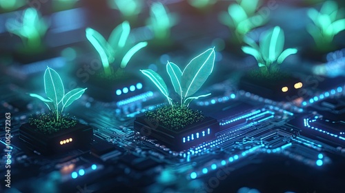 Green plants growing on a circuit board, symbolizing sustainable technology.