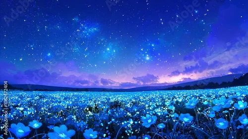 Enchanting Night Sky Over Flower Field Seamless Loop Background