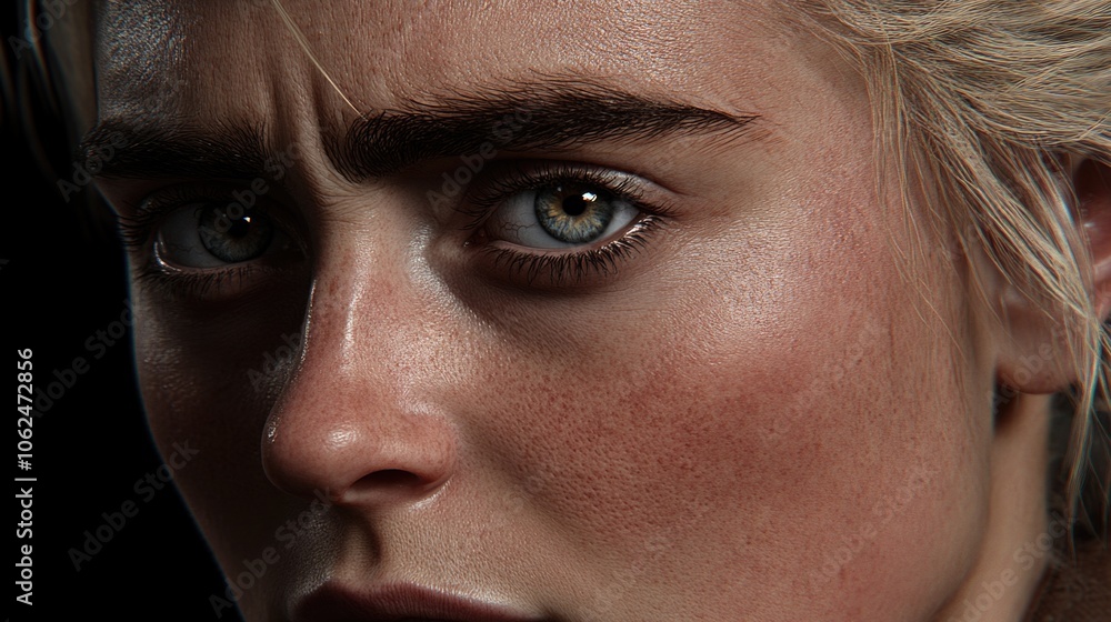 Naklejka premium Hyperrealistic close-up of intense female gaze with freckles and detailed skin texture