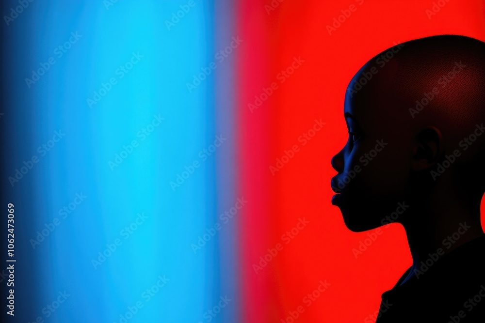 Silhouette of child in bold contrasting red and blue light Silhouette of child in bold contrasting red and blue light
