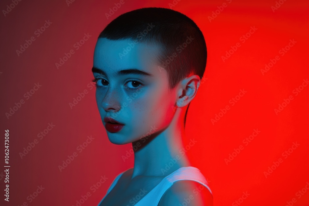 Moody portrait of a woman in red and blue lighting Moody portrait of a woman in red and blue lighting