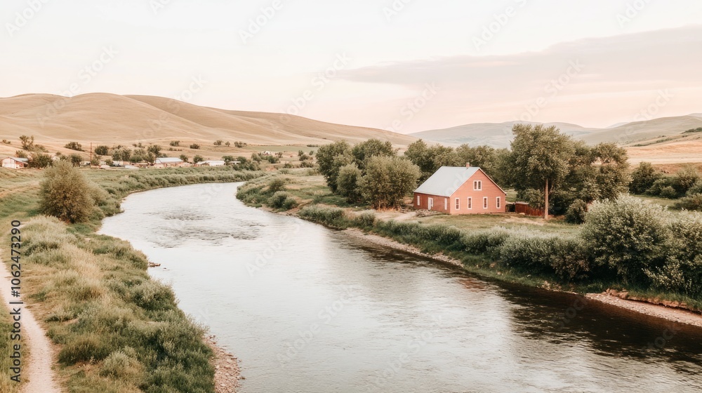 Tranquil river bend with country house and rolling hills at sunrise Tranquil river bend with country house and rolling hills at sunrise