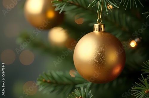 Golden shiny ball Christmas tree toy. Yellow ball for the Christmas tree.