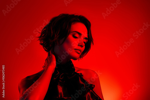 Принти на полотні Photo of elegant alluring fancy woman enjoying night event occasion in red neon