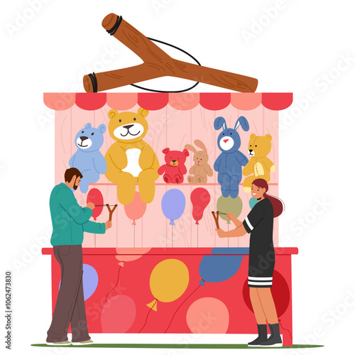 Balloon-popping Game Booth With Stuffed Animal Prizes At A Fairground. Two Participants Aim Slingshots To Pop Balloons