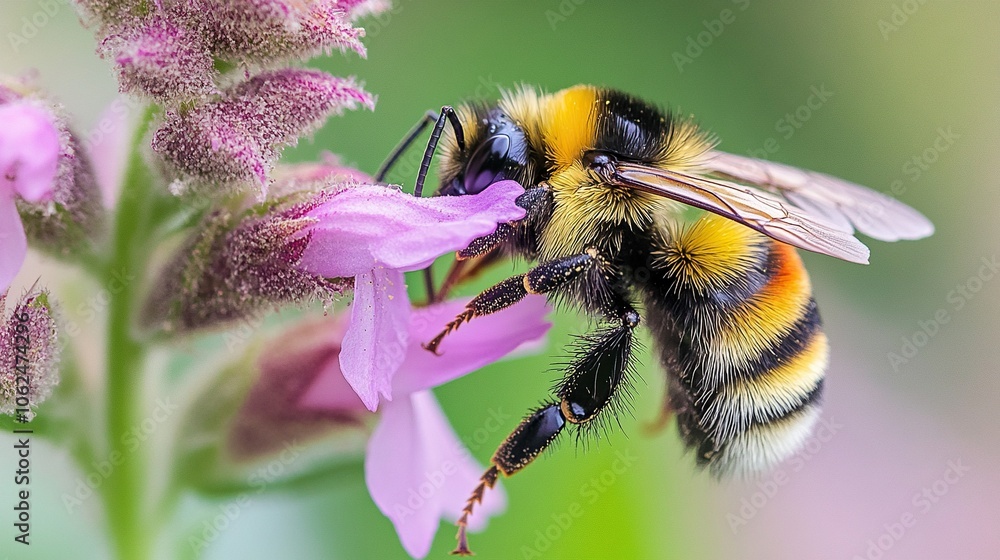 A beautiful image of a bumblebee gathering pollen from a vibrant flower, with its fuzzy body and delicate wings in sharp focus, set against a bright, natural background of blooming flora A beautiful image of a bumblebee gathering pollen from a vibrant flower, with its fuzzy body and delicate wings in sharp focus, set against a bright, natural background of blooming flora
