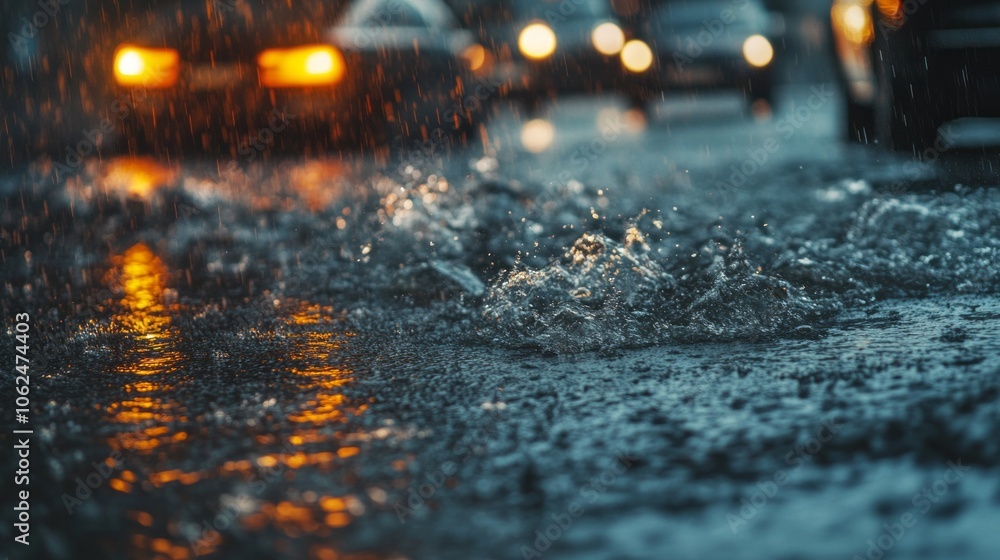 Water escaping from sewage system on city street during heavy rain close up with visible cars in the background with space for text or captions Water escaping from sewage system on city street during heavy rain close up with visible cars in the background with space for text or captions