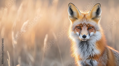 A captivating portrait of a red fox standing in a sunlit field, with its vibrant red fur, bright eyes, and alert expression, surrounded by tall grass and wildflowers