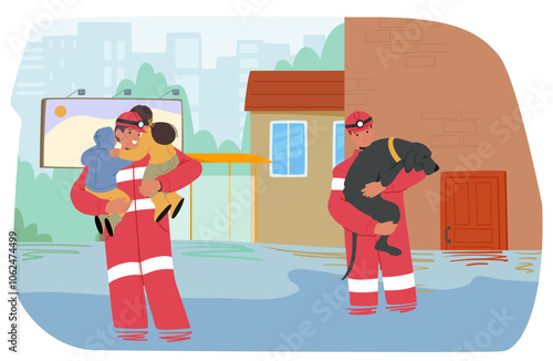 Emergency Responders Carry Children and a Dog To Safety Through A Flooded Area, Illustrating Bravery, Risk