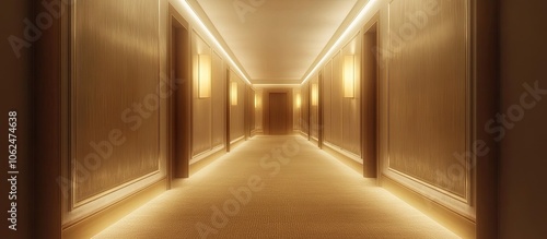 Long, narrow hallway with beige walls and a carpeted floor illuminated by warm, ambient lighting.