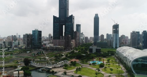 Aerial Drone Of Kaohsiung Business Exhibition Center, Tuntex Sky Tower In Kaohsiung City, Taiwan Travel