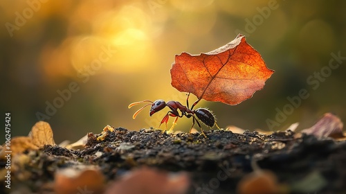 A vivid close-up of a forest ant carrying a leaf, showcasing its intricate body details and strong mandibles, set against a blurred natural forest backdrop with soft lighting photo