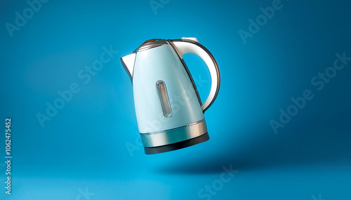 a electric kettle floating or flying isolated on light blue background photo