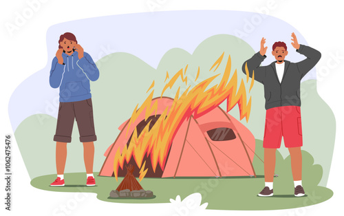 Two Campers React With Shock And Panic As Their Tent Catches Fire, Showing The Dangers Of Unattended Campfires