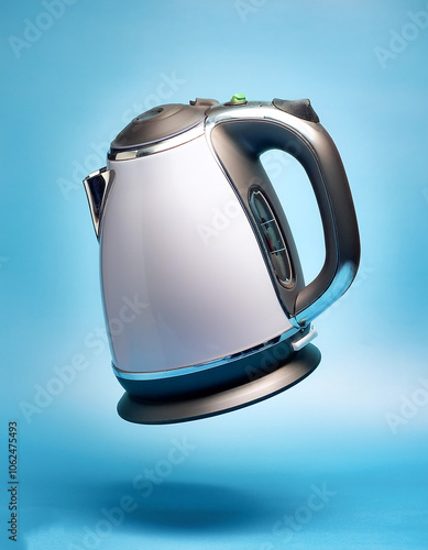 a electric kettle floating or flying isolated on light blue background photo