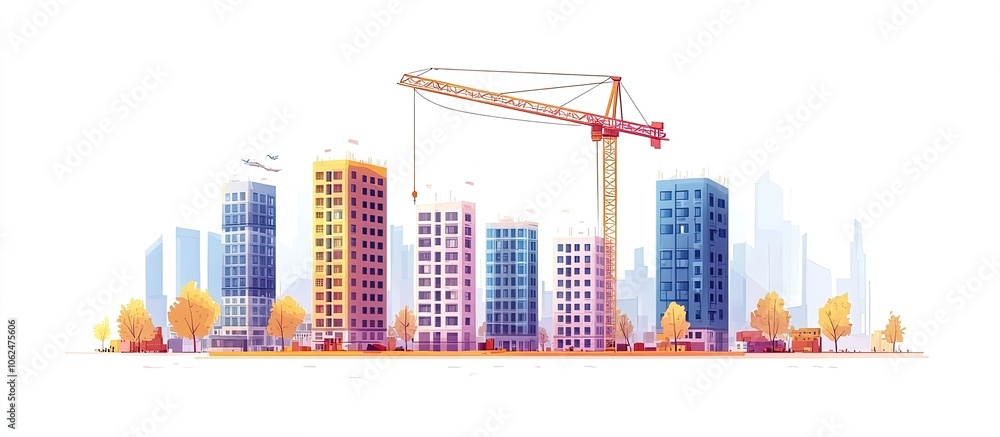 A construction crane lifts building materials against a backdrop of high-rise buildings in a developing city. A construction crane lifts building materials against a backdrop of high-rise buildings in a developing city.