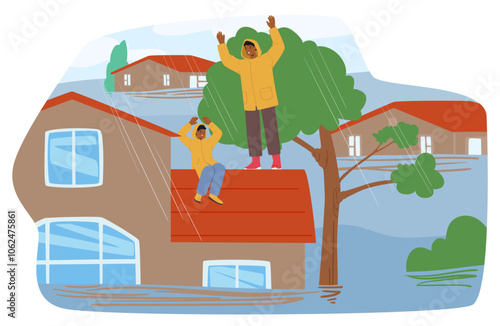 Flood Scene Where Two People Are Stranded On A Rooftop, Seeking Help As Floodwaters Rise Around Their Home