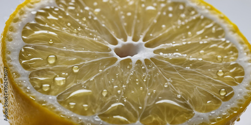 Saftige Zitronenscheibe mit leuchtendem Gelb und glänzenden Wassertropfen in extremer Nahaufnahme, die die Struktur und Frische der Zitrusfrucht intensiv zur Geltung bringt photo