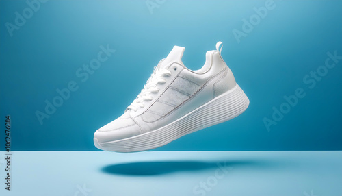 white sneakers with a minimalist design floating or flying isolated on light blue background