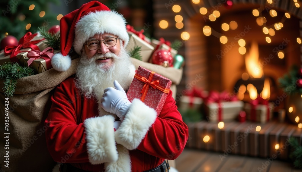 Smiling Santa holding a sack of gifts at festive fireplace in living room background ample copy space for holiday messages. Smiling Santa holding a sack of gifts at festive fireplace in living room background ample copy space for holiday messages.