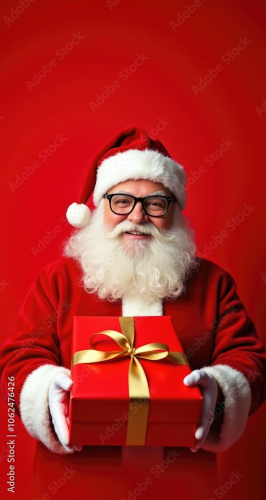 Cheerful Santa Claus holding gift boxes with ribbons against a red background, leaving space for text. Ideal for Christmas greeting cards, holiday promotions, and seasonal celebration designs. Cheerful Santa Claus holding gift boxes with ribbons against a red background, leaving space for text. Ideal for Christmas greeting cards, holiday promotions, and seasonal celebration designs.