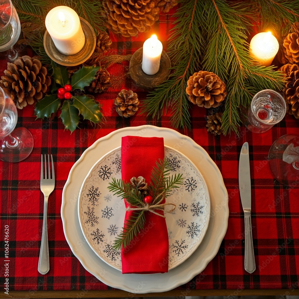 A rustic table setting for Christmas dinner, covered with a plaid tablecloth and decorated with pinecones, candles, and sprigs of holly. A rustic table setting for Christmas dinner, covered with a plaid tablecloth and decorated with pinecones, candles, and sprigs of holly.