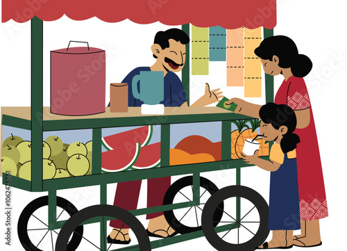 Asian Local Market Concept Illustrations. Mom and Son buy Drink from Street Vendor Illustration