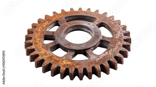 Minimalist Rusted Steel Gear on Transparent Background.Concept of industrial decay, post-industrial era, time passing, machinery, engineering, recycling, sustainability,vintage aesthetics, steampunk.