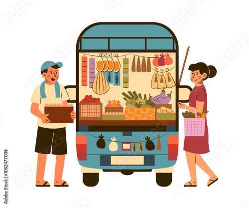 Asian Local Market Concept Illustrations. Woman Shopping at a Street Vendor Illustration  